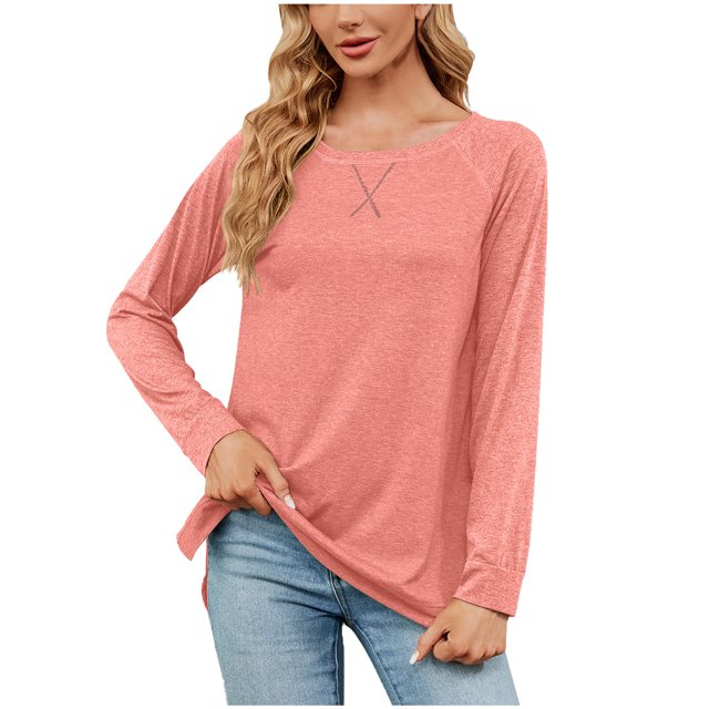 Timegard Womens Tops Round Neck Long Sleeve Comfy Loose Solid Color Blouse Casual Tops Basic Tee Shirts