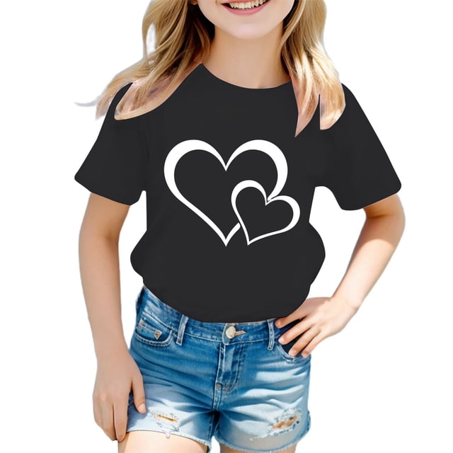 T-shirt Mignon à Motif pour Fille, Col Rond, Manches Courtes, Été, Décontracté, Hauts, T-Shirts et Chemises pour Filles, Noir 130/8 A-9 A