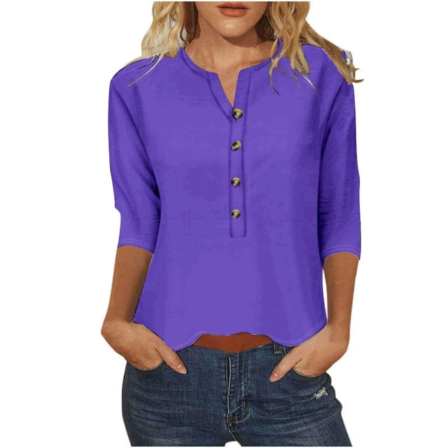 FAIWAD Womens 3/4 Sleeve Tops Casual Loose V Neck Button Down Tunic Tops Spring Summer Basic Blouse