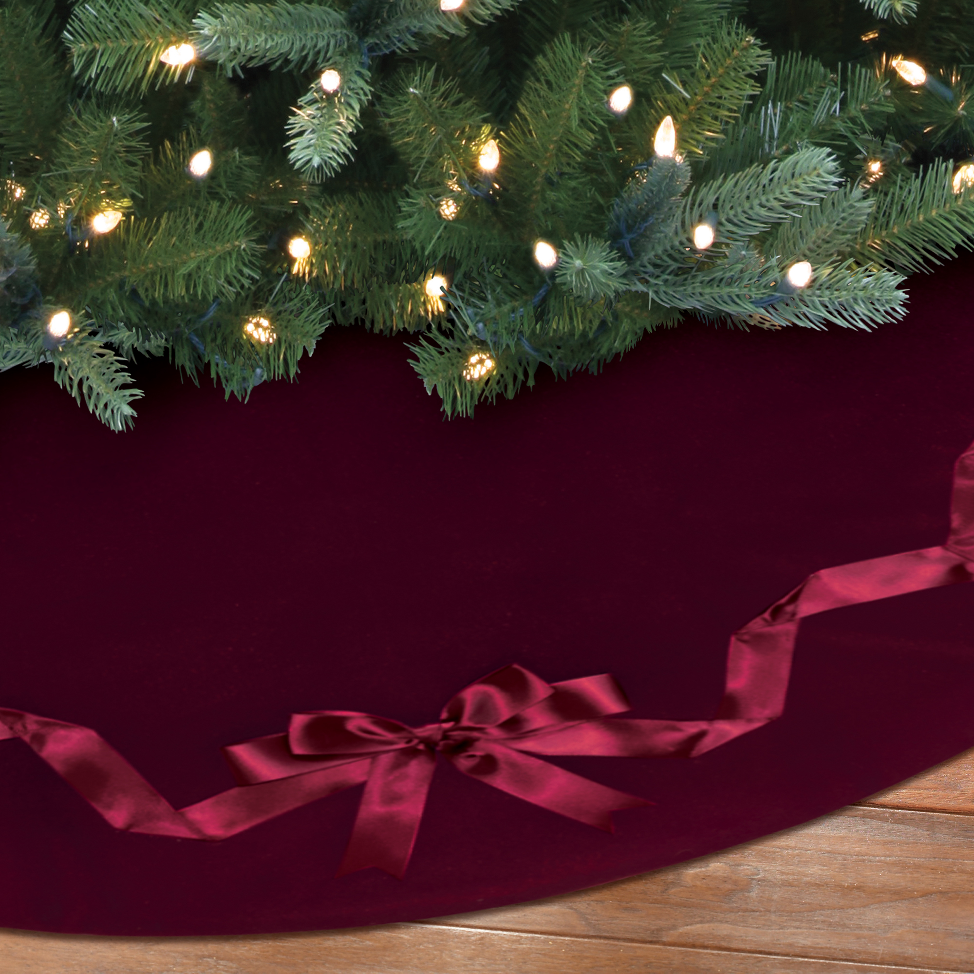 Holiday Time Burgundy Mohair Christmas Tree Skirt with Satin Soft Ribbon and Bow, 48 inches