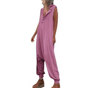 B91xZ Women's Casual Loose Overalls Jumpsuits Loose Adjustable Button Strap Fashion Wide Leg Bib Jeans Jumpsuits with Pockets,Purple M
