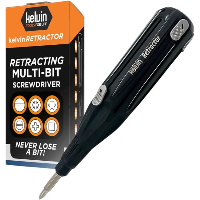 Kelvin Tools Retractor - Retractable All-In-One Screwdriver featuring a sleek black glass fiber reinforced resin body with a 6 multi-tip design for Phillips and flat head screws. The tool includes an innovative e-z load and lock system for quick bit changes and durable S2 steel hardened bits with nickel plating. Displayed alongside its branded packaging, the screwdriver is lightweight, corrosion-resistant, and made in Canada, ideal for household, DIY, and professional tasks.