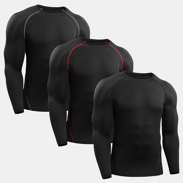 Chandails de Compression pour Hommes 3 Pcs Élastiques Séchage Rapide Couche de Base Col Rond Manches Longues T-Shirt de Sport