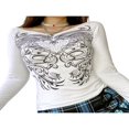 thumbnail image 3 of Women Close-fitting Pullover T-shirts Autumn Spring White Printed Pattern Long Sleeve V-neck Tops Green M, 3 of 8