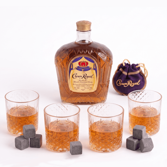 Collection Cadeau Premium Crown Royal de 13 Pièces avec 4 Verres à Whisky à Motif Diamant, 8 Pierres à Whisky Réutilisables en Granit Naturel et Pochette Crown Royal