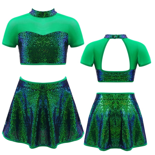 Hansber Robe de Danse Jazz Lyrique à Sequins pour Filles 2 Pcs Crop Top à Dos Ouvert avec Jupe Vert 14