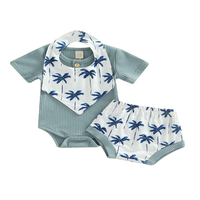 Infant Baby Boys Girsl 3Pcs Summer Clothes Ribbed Short Sleeve Romper + Tree Shorts + Snap Triangle Bibs Blue 0-3 Months
