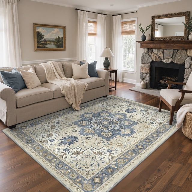 5x7 Area Rugs for Living Room and Bedroom with Non Slip Backing Low Pile Light Weight Machine Washable Indoor Rug Persian Medallion Print Pattern, Dusty Blue