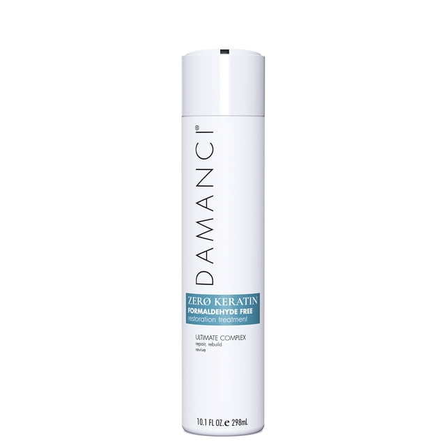 DAMANCI ZerO Keratin Treatment, a formaldehyde-free anti-frizz hair treatment in a 10.1 fl oz (298 mL) white cylindrical bottle with a sleek design. The label highlights its restorative properties, featuring organic coconut oil, murumuru seed oil, and hydrolyzed keratin for deep hydration and hair strengthening. Suitable for rejuvenating and smoothing hair, providing elasticity, shine, and vitality.