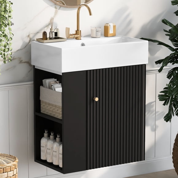 Kosynda 21" Floating Bathroom Vanity with Sink, Sink 36 inch, Modern Bathroom Sink Cabinet with Left Side Storage and 2 Shelves, Black