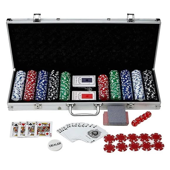 Tradeopia 500 Chips Poker Set, Includes: 1 Dealer Chip, 2 Playing Cards Deck, 5 Red Dice, Aluminium Case, Texas Holdem Poker Set