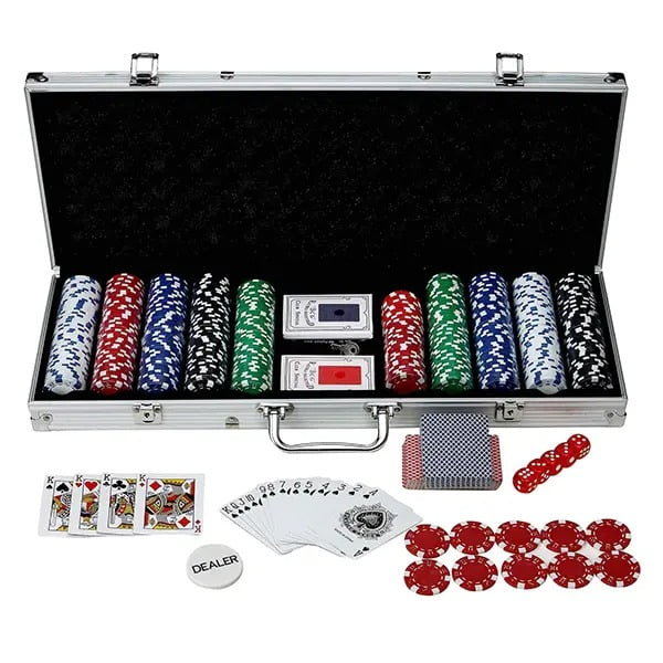 Tradeopia Ensemble de Poker 500 Jetons, Comprend : 1 Jeton de Dealer, 2 Jeux de Cartes à Jouer, 5 dés Rouges, Étui en Aluminium, Ensemble de Poker Texas Holdem