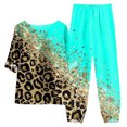 thumbnail image 1 of Mikilon Ensemble Stylé pour Femme 2 Pcs Coton Lin Imprimé Haut à Manches Cinq-Quarts à Col Rond + Ensemble Pantalon Décontracté Vert-B 3TG, 1 of 3