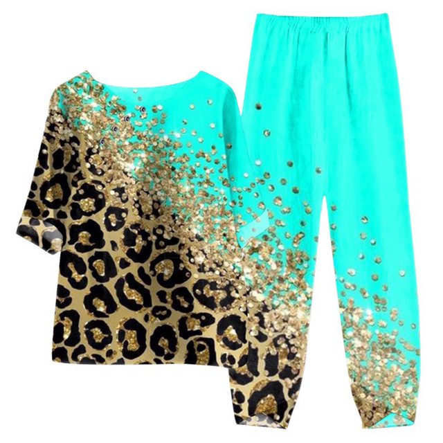 Mikilon Ensemble Stylé pour Femme 2 Pcs Coton Lin Imprimé Haut à Manches Cinq-Quarts à Col Rond + Ensemble Pantalon Décontracté Vert-B 3TG