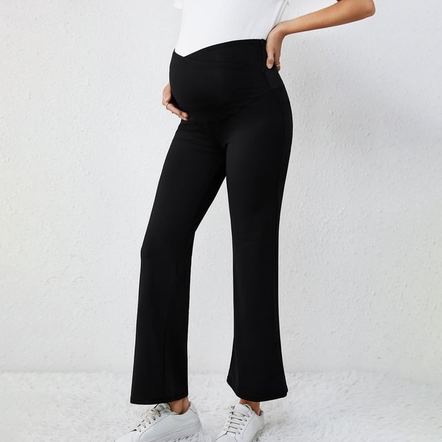 Maternity Pants Flare Over The Belly Stretchy Work Pregnancy Trousers Wide Leg Design with Pockets for Comfort and Style