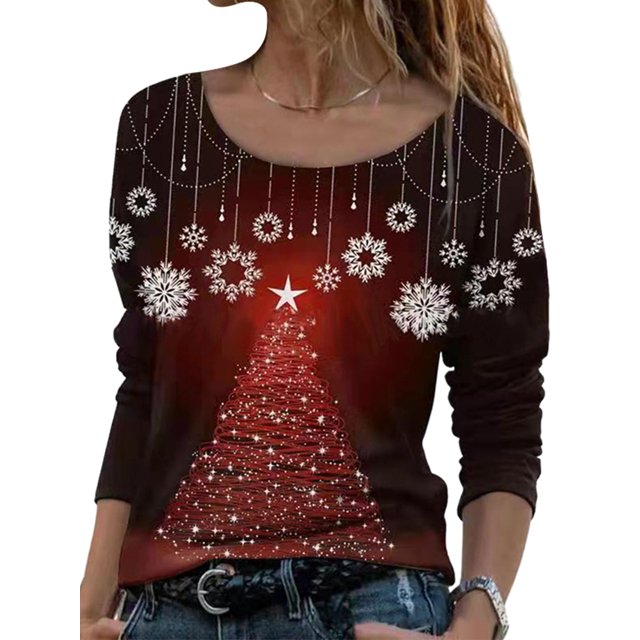 LUXUR T-shirt de Noël pour Femmes Col Rond Manches Longues T-shirt Ample Imprimé Flocon de Neige Tunique Blouse Rouge 3TG