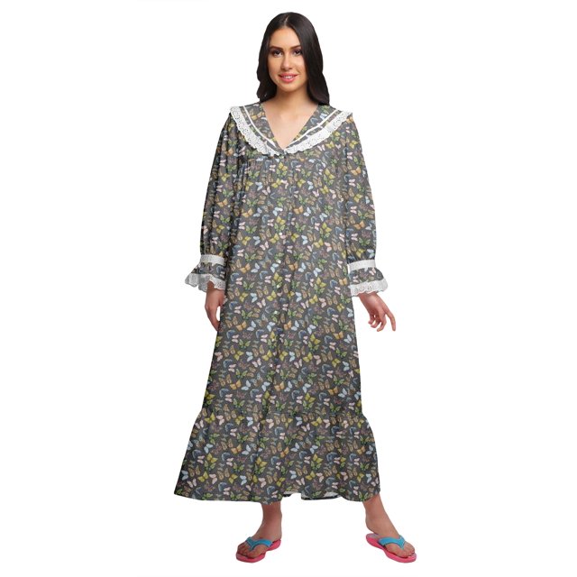 Moomaya Chemise de Nuit Maxi à Manches Longues Imprimée, Boutonnée, en Coton, Tenue de Sommeil