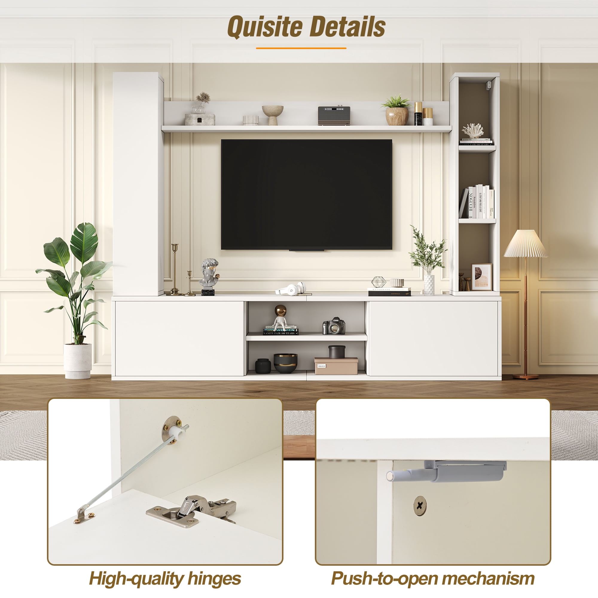 Homy Casa Modular White Entertainment Center with TV Console, 2 Display Cabinets and Wall Shelf