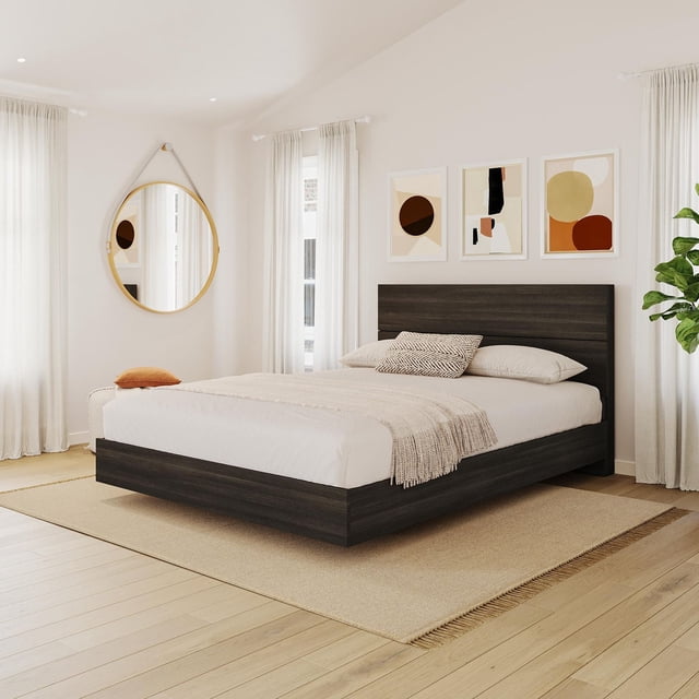 Nexera Opaci-T Platform Bed And Plank Effects Headboard, Ebony