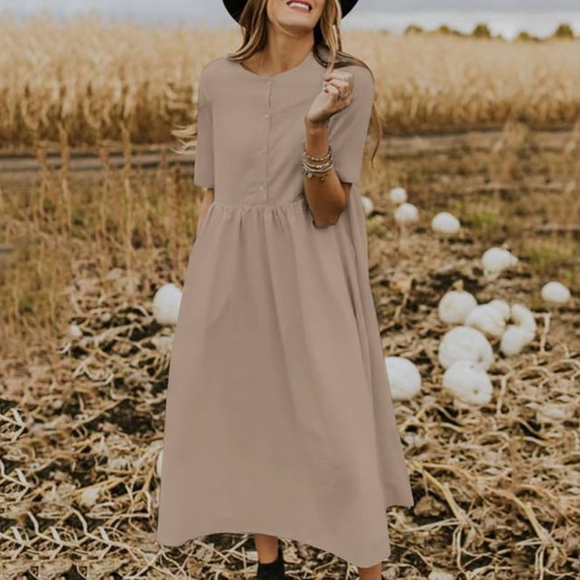 Jusqu'à 65 % de Rabais! Robes d'Été Mode pour Femmes 2024 Grande Taille Décontractées Unies à Manches Courtes Robes Boutonnées en Coton et Lin Robe Ample