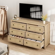 Kojooin Boho 6-Drawer Dresser with Rattan Accents, Modern Chest of Drawers with Ring Handles & Deep Storage for Bedroom, Living Room
