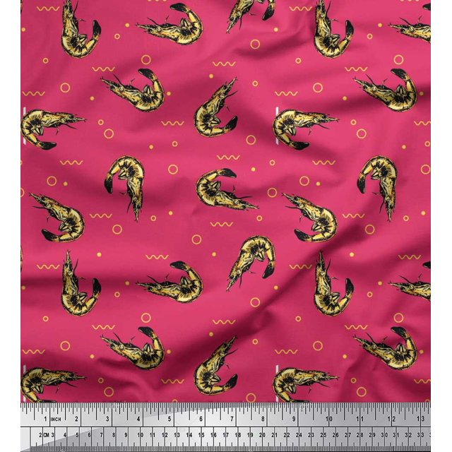 Soimoi Cotton Duck Fabric Circle,Dot & Prawns Ocean Printed Fabric 1 Yard 56 Inch Wide