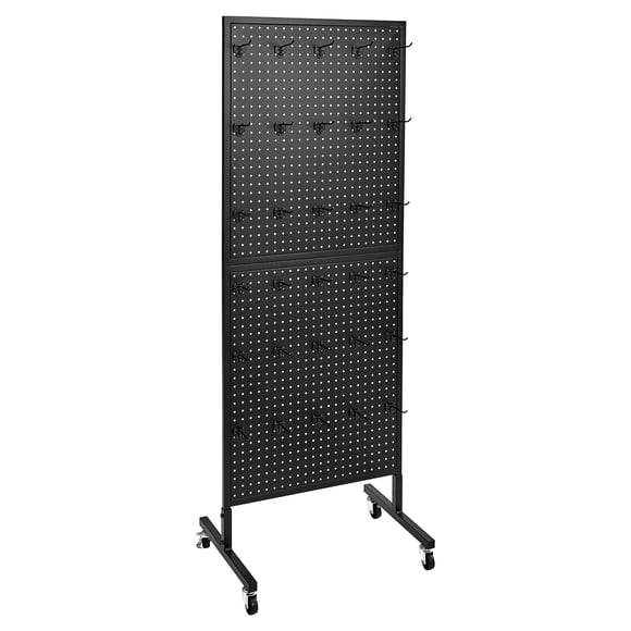 KFFKFF Présentoir de Panneau Perforé sur Pied, Présentoir de Panneau Perforé 23,6 x 63 Po avec Roulettes Pivotantes et 30 Crochets, Panneau Perforé en Acier Épaissi Laminé à Froid pour Épicerie, Magasin de Détail et Bijouterie, Noir