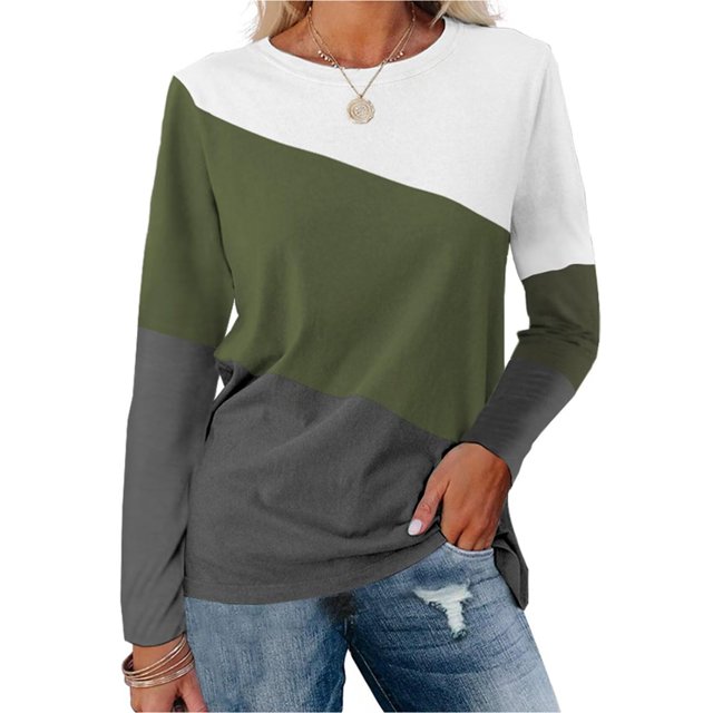 Pxiakgy Vente Chaude!! Hauts à Blocs de Couleur pour Femmes Tunique à Manches Longues Décontractée Col Rond Pull Chemises à Blocs de Couleur pour Femmes Hauts à Manches Longues Décontractés Col Rond Pull Vert Armée m