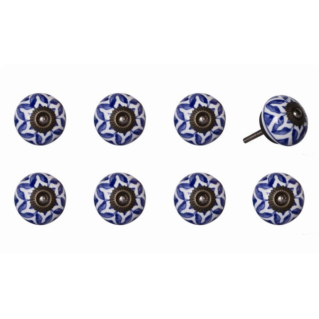 KNOB-IT VINTAGE HANDPAINTED CERAMIC KNOBS (8 Pack) with eight round ceramic cabinet knobs featuring a blue and white handpainted floral pattern and antique bronze metal centers, each with a 1.25-inch bolt that can be trimmed for easy installation, ideal for cabinets, drawers, and decorative furniture updates.