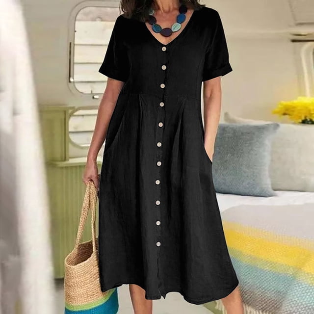 Robes d'Été pour Femmes Mode Femmes Été Décontracté Col en V Uni Manches Courtes Bouton Poche Robe en Coton Lin Tunique Hauts pour Femmes Coupe Ample Habillé en Liquidation