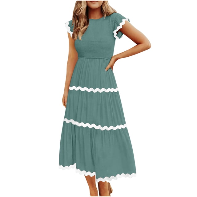 AherBiu Robes pour Femmes 2024 Décontracté Printemps Tendance à Blocs de Couleur Longue Robe Manches Cap A Robe Maxi
