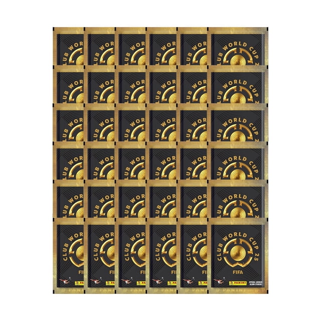 2025 Panini Club World Cup Stickers - 36 Packs (180 Stickers) featuring a grid layout of sealed sticker packs with black and gold designs showcasing the Club World Cup logo. Ideal for scrapbooking and collecting, these stickers highlight global soccer stars and teams from FIFA regions.