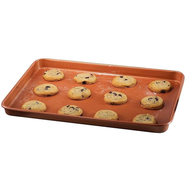 Gotham Steel Diamond Nonstick Copper Cookie Sheet with a copper-colored nonstick surface holding twelve baked chocolate chip cookies, featuring a durable Ti-Cerama coating, oven safe up to 500°F, dishwasher safe, and designed for even heat distribution, suitable for baking and roasting.