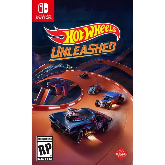Hot Wheels Unleashed Nintendo Switch game cover Montrant une Piste de Course orange en Boucle avec Plusieurs Voitures Hot Wheels en Course, Incluant une Voiture Musclée Noire avec un Grand Moteur et des Effets d'Échappement de Flamme, aux Côté du logo Nintendo Switch et du Symbole de Cote ESRB en Attente.