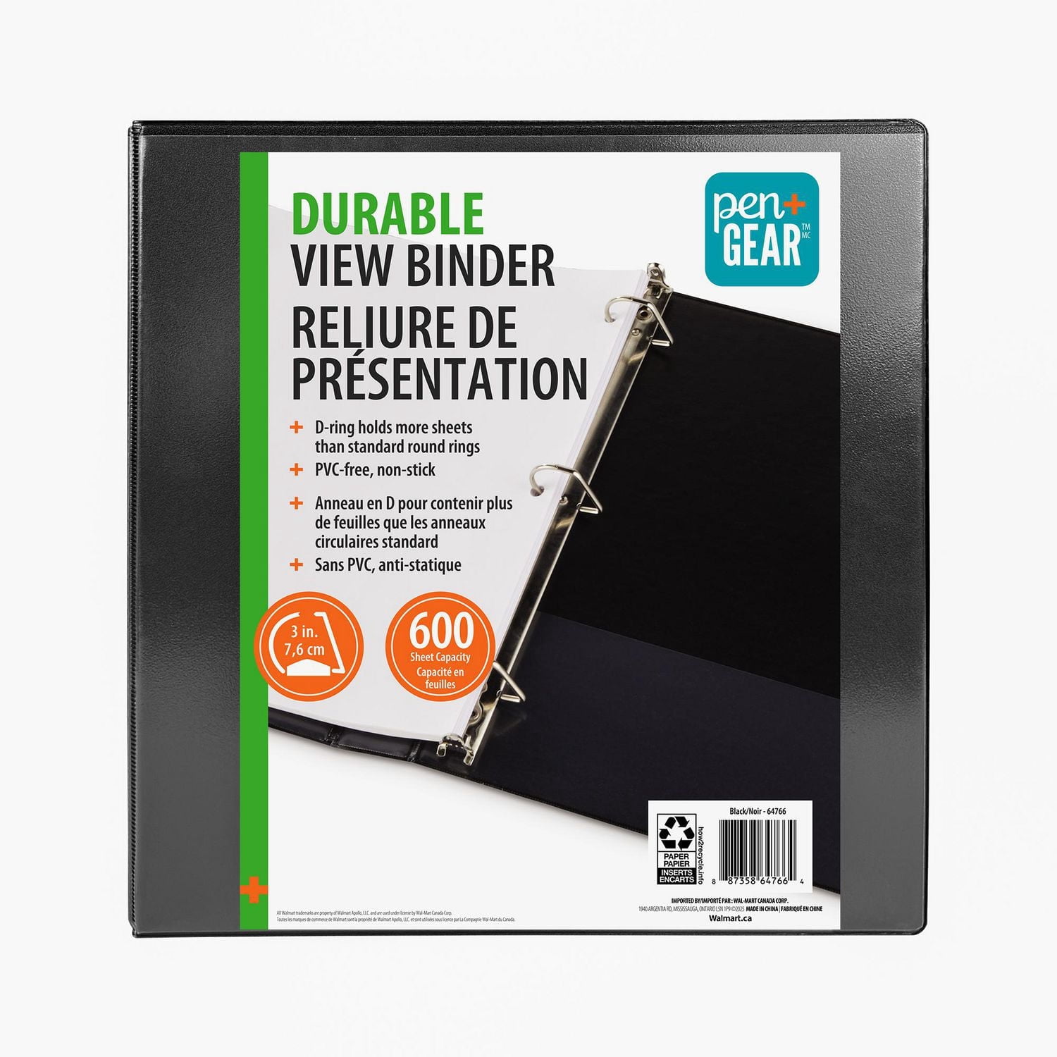 PEN+GEAR 3" DURABLE VIEW BINDER, Slant D-Ring, BLACK