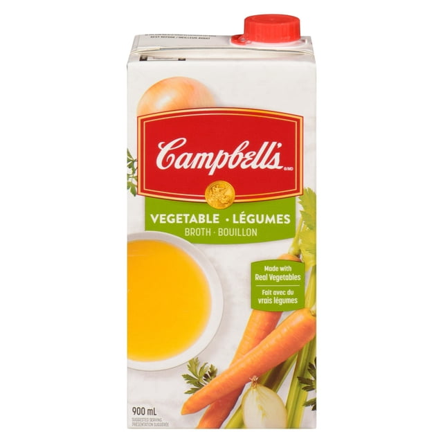 Campbell's® Ready to Use Vegetable Broth carton with red screw cap, featuring images of carrots, celery, and onions beside a bowl of yellow broth, labelled made with real vegetables, gluten free, vegetarian, and fat free, containing 900 mL, suitable as a soup base or for enhancing weeknight meals.