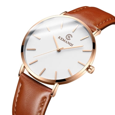 RKSTN Mens Watches Trendy Ultra Thin Watch Slim Leather Strap Stainless Steel Quartz Mens Watches