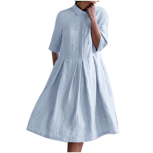 Yuyuzo Robe en Coton et Lin Grande Taille pour Femmes à Manches Mi-Longues, Chemise-Robe Boutonnée, Robe Midi Évasée