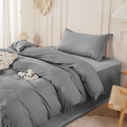 100% Washed Cotton Duvet Cover Queen Size.3 Pcs Linen Like Comforter Cover with Zipper Closure & Corner Ties (No Comforter), 90x90 Grey