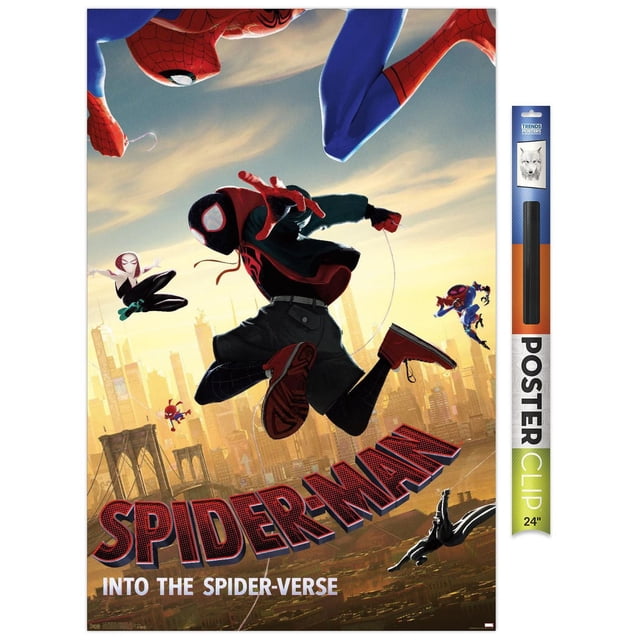 Marvel MCU - Spider-Man - Into The Spider-Verse - Affiche Murale « Dive », 22,375 Po x 34 Po Mettant en Vedette Plusieurs Personnages de Spider-Man Se Balançant Dynamiquement sur une skyline de Ville au Coucher du Soleil, avec Texte Audacieux « Spider-Man » Rouge et Noir et sous-Titre « Into The Spider-Verse » Blanc, Imprimée sur Papier d'Affiche Fini satin de Qualité Supérieure, Convient à la Décoration Murale de Chambre Ou de Bureau.