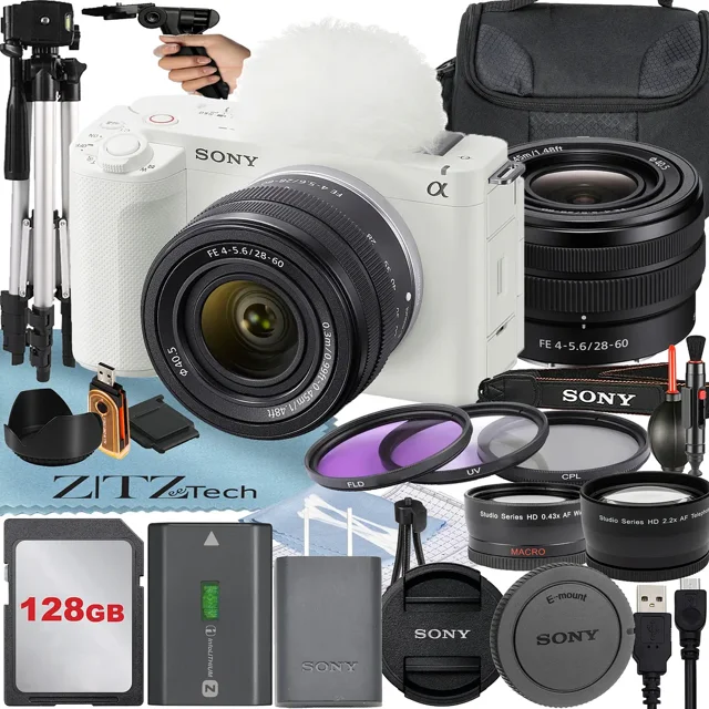 Sony ZV-E1 Mirrorless Camera (White) with FE 28-60mm Lens + 128GB Card + Case + Wideangle + Tripod + ZeeTech Accessory Bundle