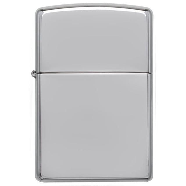 Zippo High Polish Chrome (250) lighter with a smooth, reflective high polish chrome finish on a rectangular metal body with rounded edges and classic flip-top design, ideal as a windproof fire starter and camping accessory, shown closed on a white background.