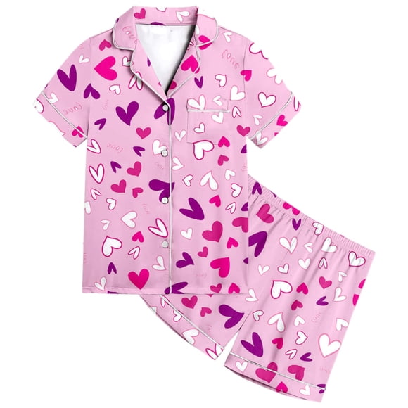 PMVFHDE LittleSleepies Girls Sleepwear Kids Girls Loving Heart Pattern Printed Short Sleeve Button Down Pajamas Shorts Set Sleepwear Outfits Pink,6-7 Years