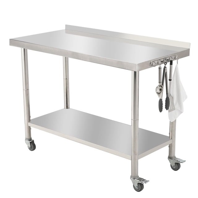 BeesClover Stainless Steel Table for Prep & Work with Backsplash, Kitchen Heavy Duty Table with Adjustable Under Shelf and Foot for Restaurant, Home and Hotel