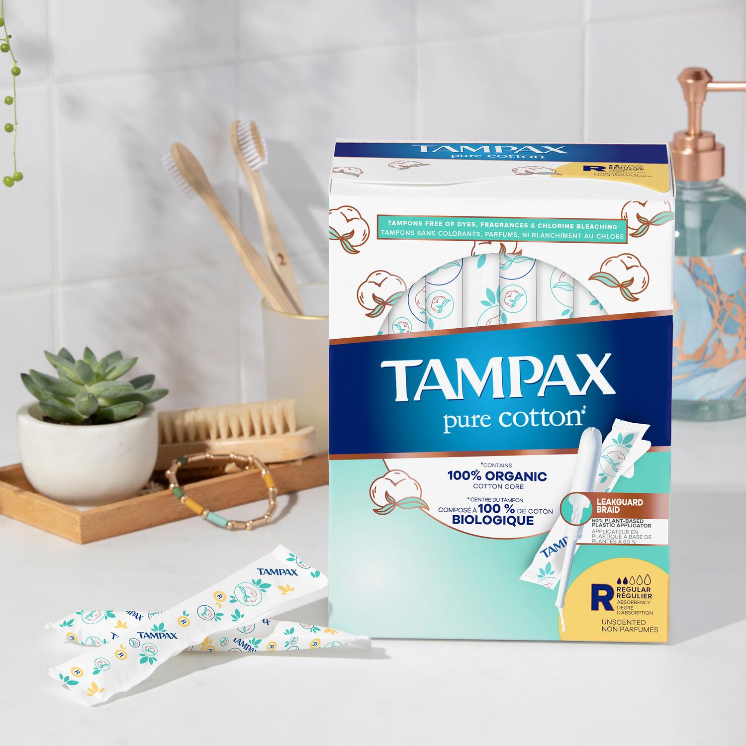 Tampax Tampons en Coton Pur, Contient un Cœur en Coton Biologique à 100 %, Absorption Régulière/super, Sans Parfum
