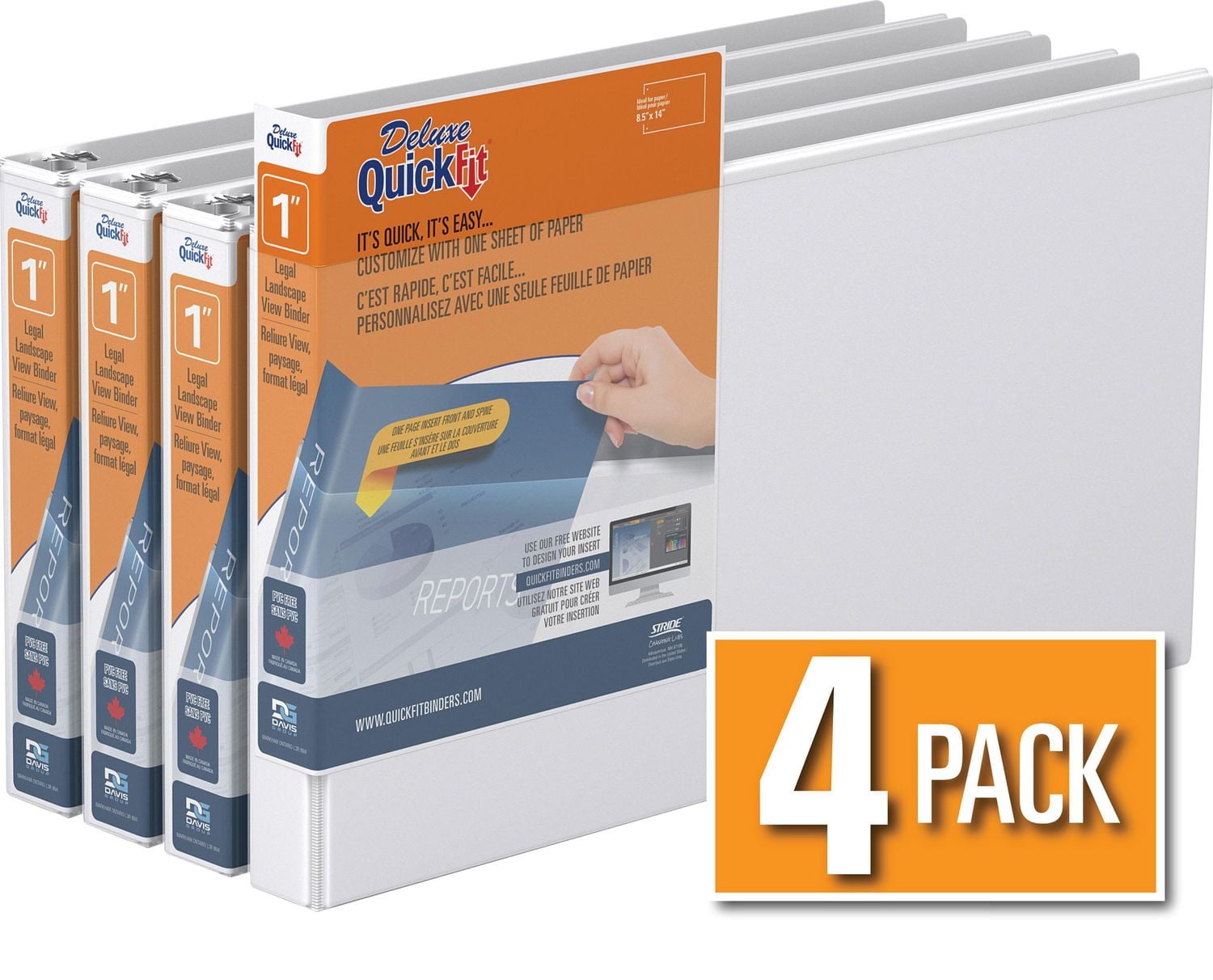 Reliure QuickFit View robuste, format légal, 8,5 po x 14 po, orientation paysage, 1 po, anneaux ronds, paquet de 4