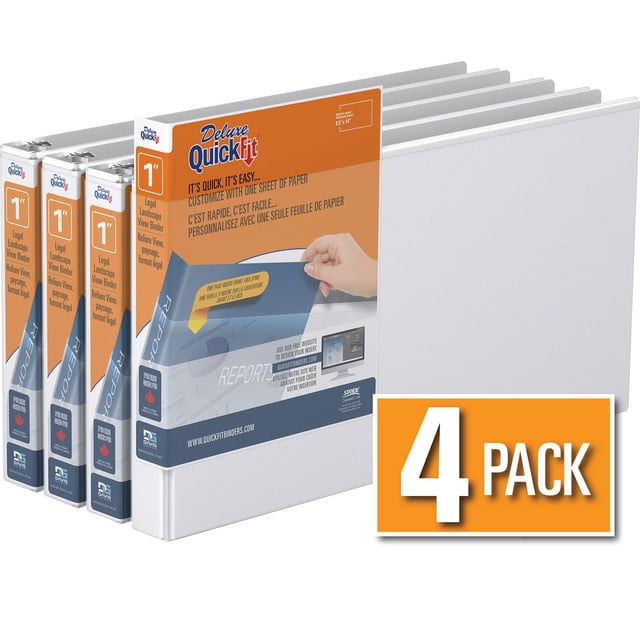 QuickFit Heavy Duty Round Ring Legal Landscape Spreadsheet View Binder, 4 Pack, 1 inch, showing four white binders with customizable orange and blue front cover overlays, designed for 8.5 x 14 inch landscape paper, featuring two clear interior pockets and back-mounted rings for flat page laying, made from 100% recycled board in Canada, ideal for organizing legal-size spreadsheets and reports.
