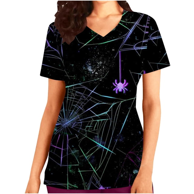 RKSTN Women Tops Short Sleeve V-neck Tops Working Uniform Halloween Printed with Pockets Blouse Scrub Tops