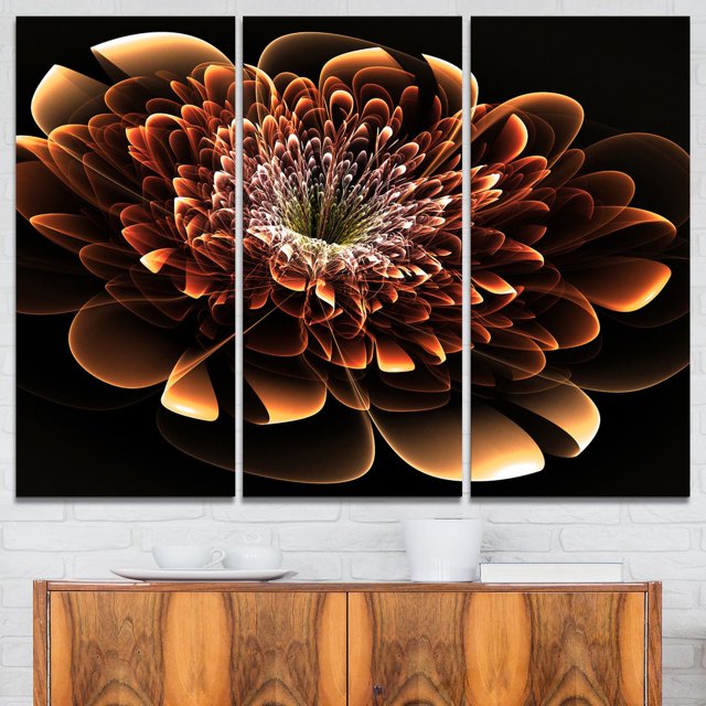 Design Art Brun Fleur Fractale Floral Art Numérique Impression sur Toile, une Toile Enveloppée à Trois Panneaux de 36 par 28 Pouces, Présentant une Fleur Fractale Détaillée dans des Tons Bruns et orange sur un Fond Noir, Imprimée sur Toile de Coton de Qualité Supérieure avec une Encre Vibrante, Prête à Accrocher au-Dessus d'Un Buffet en Bois dans un décor Moderne pour la Maison Ou le Bureau.