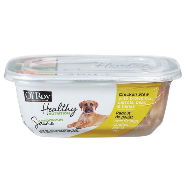 Ol'Roy Healthy Nutrition Chicken Stew Dog Food in a 283 g clear plastic container with a white and yellow label featuring a dog illustration, containing chicken stew with brown rice, carrots, peas, and barley, formulated to meet adult dog nutritional needs as wet dog food.